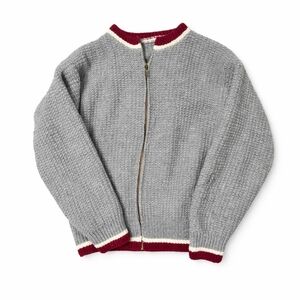 Vintage Gray Knit Zip-Up Sweater with Red Trim